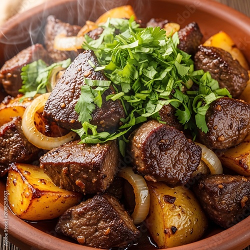 Hot Seared Beef Cubes with Roasted Potato and Onion in Rustic Clay Bowl