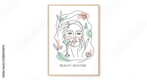 Minimal Beauty Routine Line Art Poster Displayed in Wooden Frame on White Background