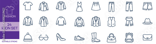 Fashion icon set editable stroke 24 clothing and accessories illustrations