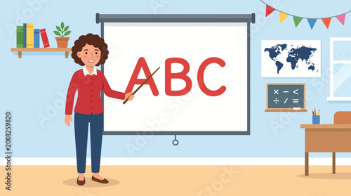 Educational classroom teaching presentation or learning classroom teaching visual with teacher and alphabet