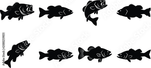 Bild auf Leinwand Collection of black fish silhouette illustrations showing bass species in multip