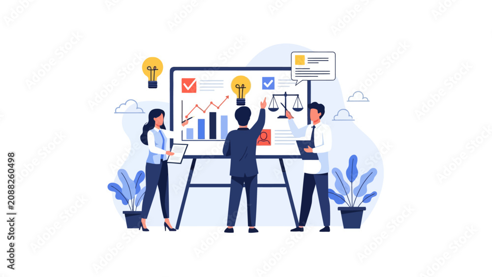 Naklejka premium Business Team Analyzing Data and Strategy on Whiteboard