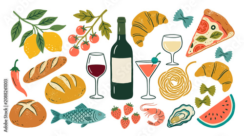 Diverse food and drink collection illustration with wine, bread, pasta, pizza, seafood, fruits, and vegetables on white background
