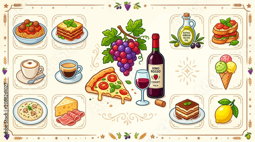 Delicious Italian Food and Drink Icons Set: Pizza, Pasta, Wine, Coffee, Desserts. Cartoon Vector Collection of Traditional Cuisine Elements.
