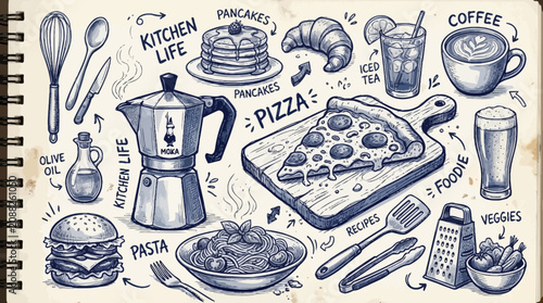 Hand-drawn culinary sketch set with food, drinks, and kitchen utensils on a textured notebook page. Monochrome cooking doodle art.