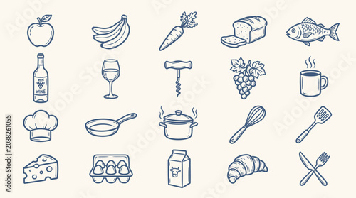 Hand-drawn Food and Drink Icons Vector Set. Doodle Style Illustrations of Groceries, Cooking Utensils, and Restaurant Elements.