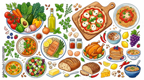 Healthy food collection with fresh ingredients, diverse dishes, and cooking essentials for a balanced diet, isolated on white background.