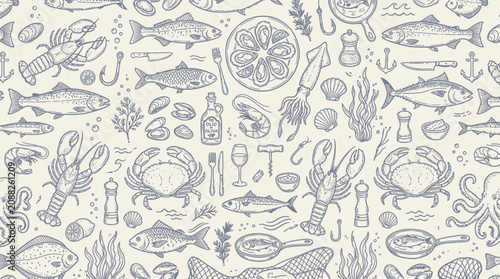 Seamless hand-drawn vintage seafood pattern with fish, crustaceans, and marine elements. Ocean restaurant food background.