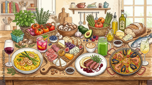 Abundant watercolor illustration of a vibrant gourmet food spread on a rustic wooden table with fresh produce, prepared meals, and drinks.