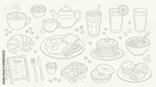 Hand-drawn line art collection of diverse breakfast and brunch food items and drinks. Outline illustrations of morning meals set.