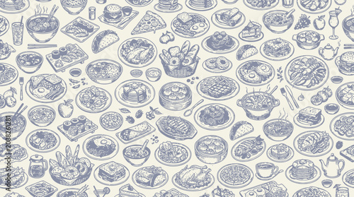 Seamless hand-drawn food pattern with diverse dishes and drinks. Vintage illustration for restaurant menus, kitchen decor, or textile design.