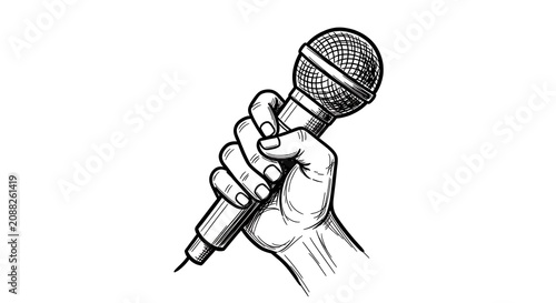 Black Ink Hand Holding Microphone Isolated on White Background