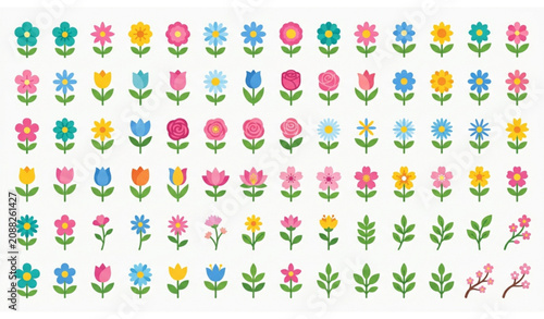 Colorful Cute Flower Icons Vector Set for Nature Stickers and Botanical Design