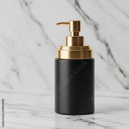 Elegant Black Lotion Dispenser Standing on White Marble Bathroom Surface