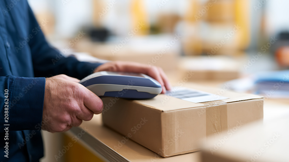 Fototapeta premium Closet up view of an unrecognizable person scanning a barcode on a cardboard parcel using a handheld scanner in a bright, modern warehouse