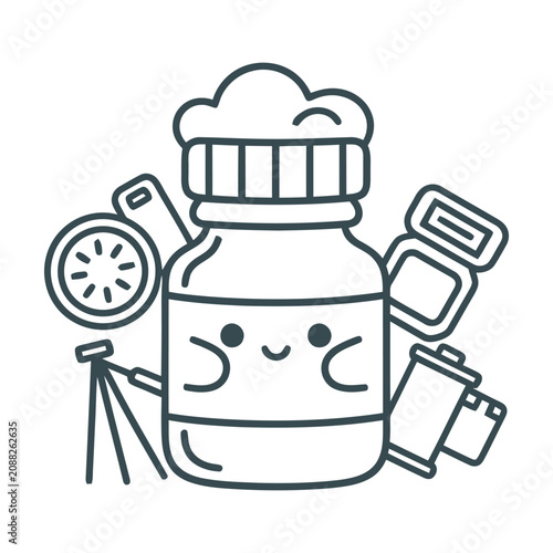 Film photography kit with happy camera bottle vector illustration
