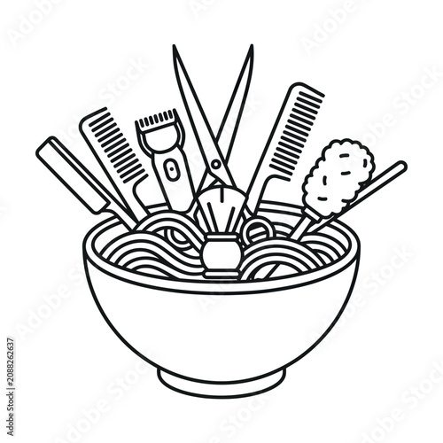 Barbershop tools in bowl vector icon for professional hair grooming
