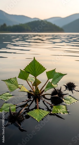 Green Aquatic Plant Floating on Calm Mountain Lake at Sunset