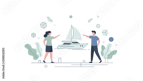 Man and woman pointing at a small yacht model to plan a strategic business journey or navigate new market opportunities with professional foresight.