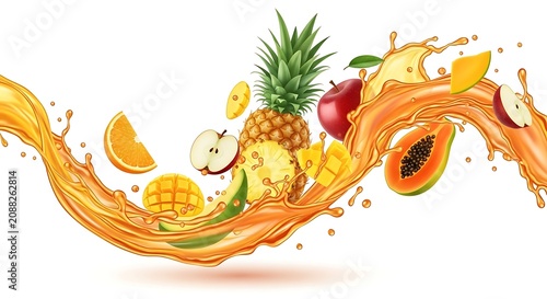 Colorful Tropical Fruit Splash Floating on White Background