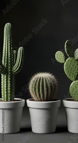 Green Potted Cactus Plants Arranged Against Dark Studio Background