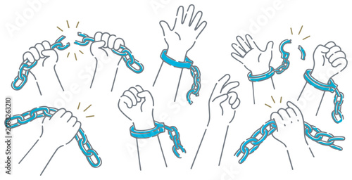Foto Collection of hands breaking chains, symbolizing freedom, liberation, and overcoming obstacles