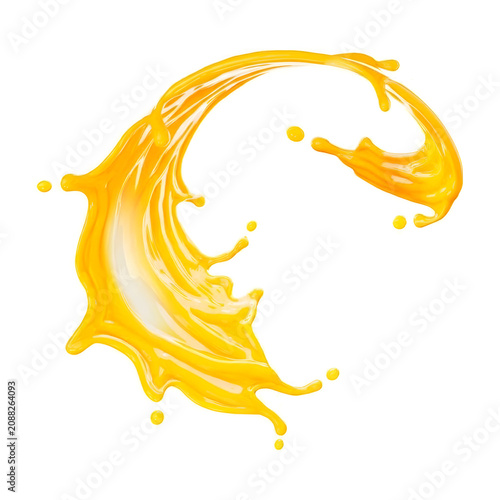 Juice splash, orange liquid drop, yellow beverage splash, dynamic fluid motion