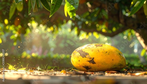 Ripe Yellow Mango Resting on Sunlit Ground in Tropical Garden