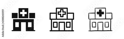 Foto Hospital building icons: medical clinic sign in three styles