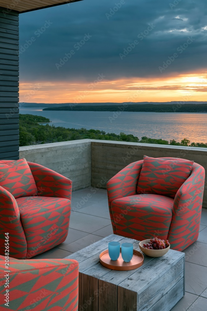 Fototapeta premium Elevated terrace with patterned armchairs and wooden coffee block overlooking a waterfront sunset for balcony background and peaceful outdoor lounging