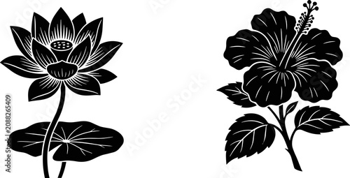 Stylized lotus and hibiscus flower silhouette designs featuring aquatic and tropical botanical forms