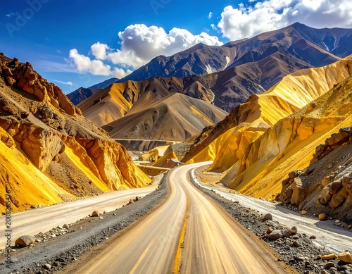 Winding Desert Road Leading Through Colorful Mountain Canyon Under Blue Sky