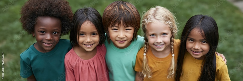 Obraz premium Diverse group of smiling children on grass background for community banner and school poster design