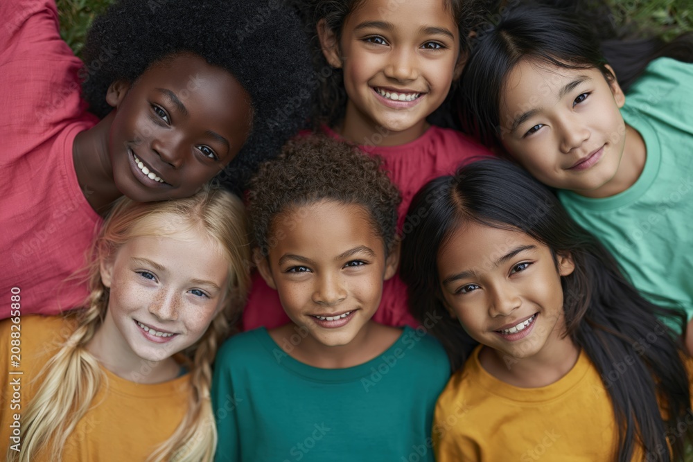 Fototapeta premium Diverse group of smiling children on grass background for community banner and school poster design