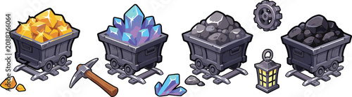 Foto Mining Cart and Ore Vector Icon Set with Gold Crystal Diamond Stone Coal Pickaxe