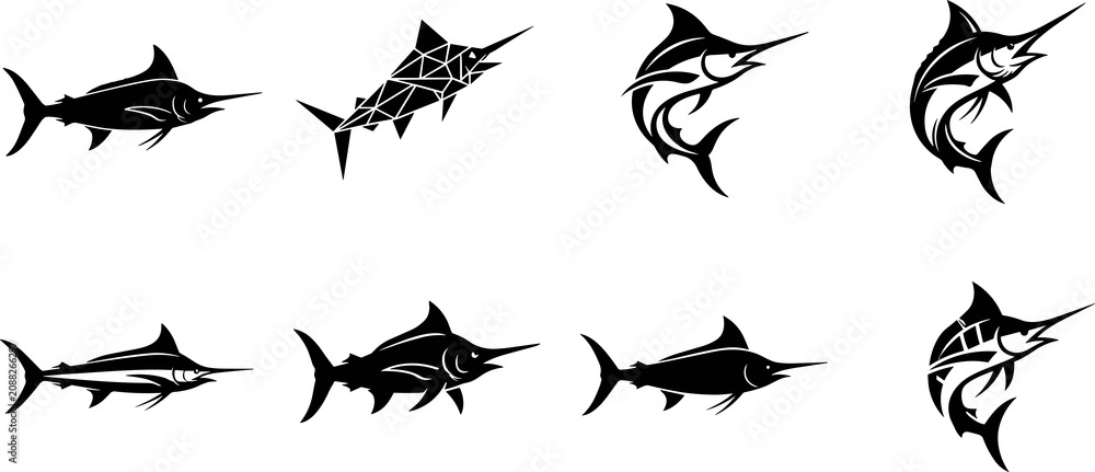 Fototapeta premium Stylized marlin and swordfish silhouette collection featuring tribal, geometric, and streamlined aquatic designs for ocean vector art