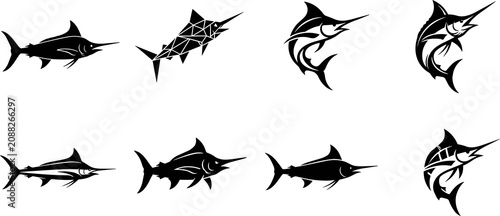 Stylized marlin and swordfish silhouette collection featuring tribal, geometric, and streamlined aquatic designs for ocean vector art