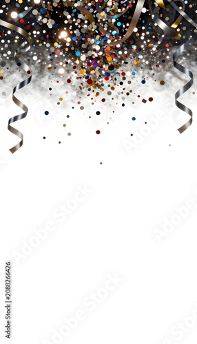 Luxury colorful confetti and ribbons on a dark background, creating an elegant festive atmosphere