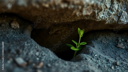 Young green sprout growing from a crack under a weathered stone in morning light.