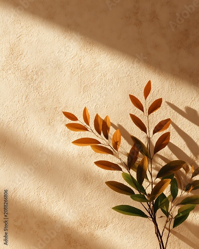 Minimalist Botanical Illustration with Shadow Play on Textured Wall