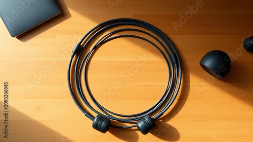 A coiled headphone cable on a wooden desk in a minimalist top-down view.