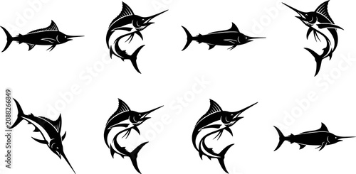 Stylized marlin and swordfish silhouette collection featuring tribal, geometric, streamlined aquatic designs for ocean vector art