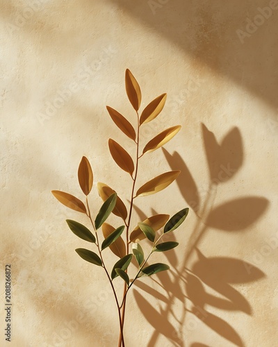 Elegant plant with oval leaves and defined shadow on neutral wall background