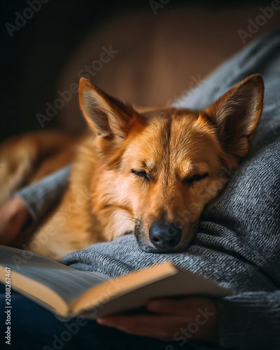 Cozy Scene of a Sleeping Dog Resting on Person's Chest While Reading a Book