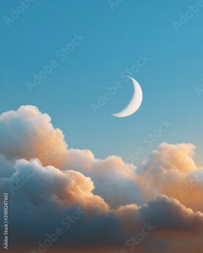 Beautiful night sky with crescent moon and colorful cloud formations against blue sky