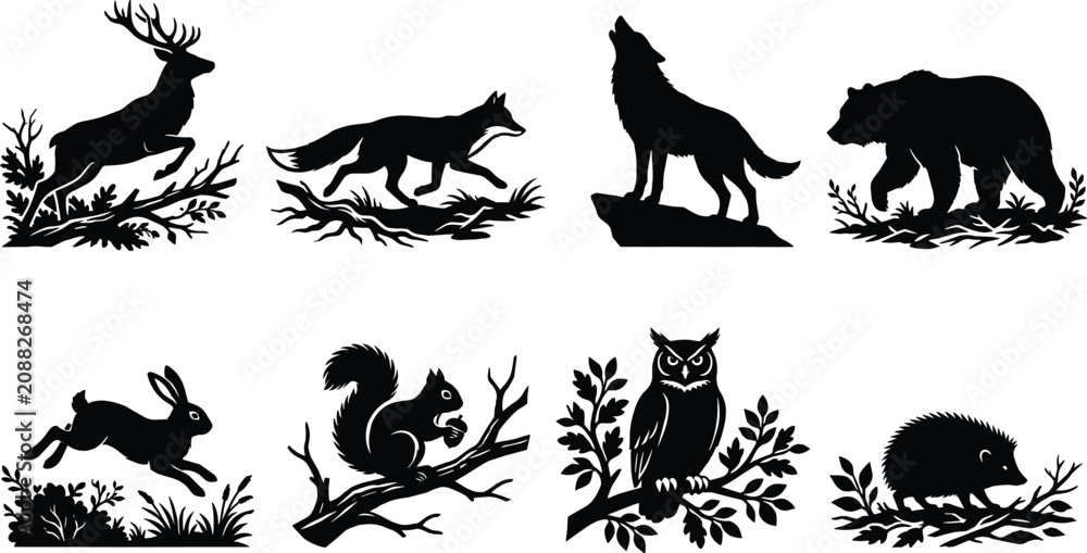 Fototapeta premium Woodland animal silhouette collection featuring deer, fox, wolf, bear, rabbit, squirrel, owl, and hedgehog designs