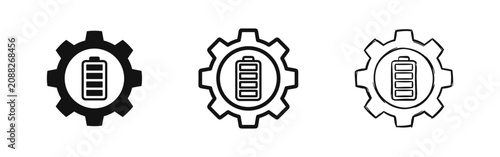 Battery charging setting icon with gear cog in solid, outline and sketch styles