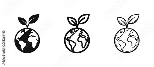 Eco friendly earth with leaves icon in solid, outline and sketch styles