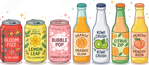 Quadro su tela Collection of cute fruit soda cans and glass bottles vector illustration with va