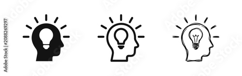 Fotografie Creative lightbulb in head icon set: solid, outline, and sketch styles